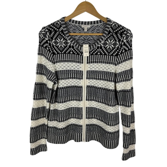 NWT Talbots Womens Fair Isle Cardigan Sz‎ MP Black Full Zip Holiday Ski Winter - Picture 1 of 8
